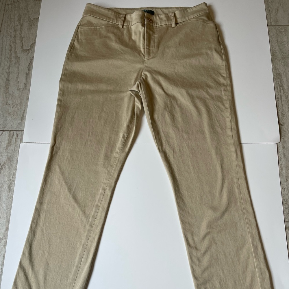 Women Lauren Ralph Lauren Size 8 Straight Leg Trouser Pants Tan Cotton Blend